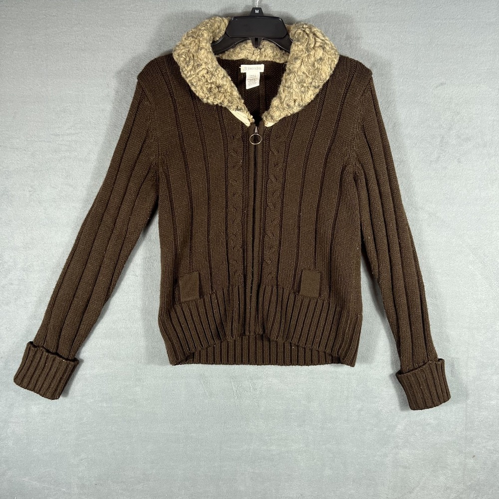 St. John's‎ Bay Women's Small Brown Full Zip Cardigan Sweater Faux Fur Collar
